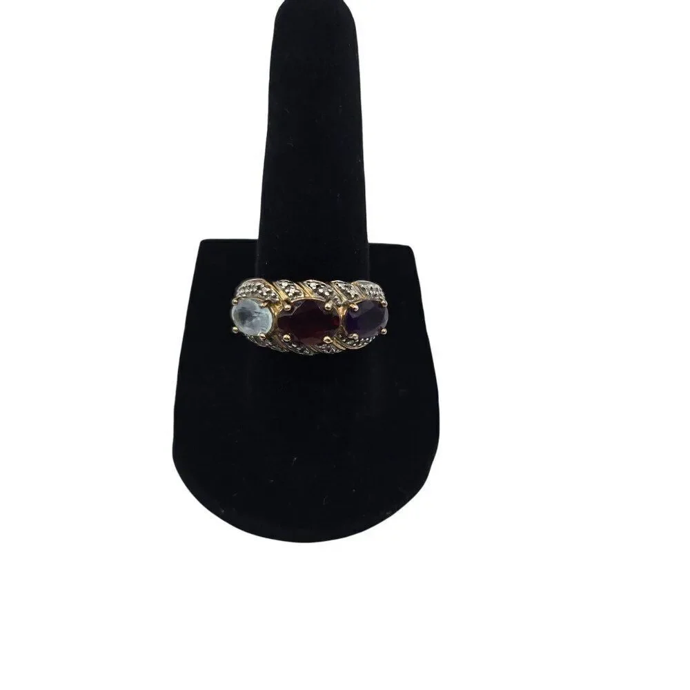 Gold Plated Sterling Silver Ring Sze 7 Amethyst Garnet Blue Topaz Diamond Accent